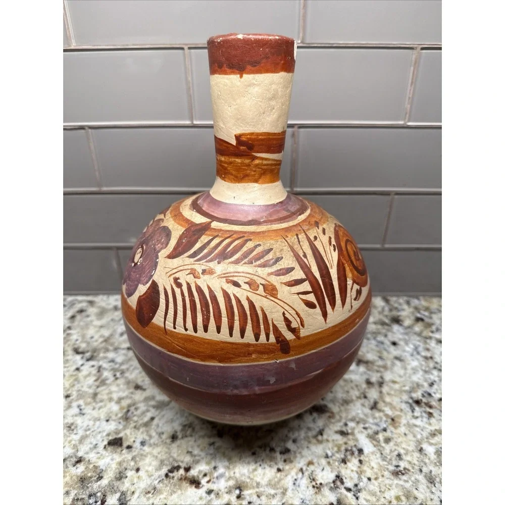 Vintage Tonala Mexican Vase  Jug Water‎ Pitcher Vessel 13 Inches Hand Painted